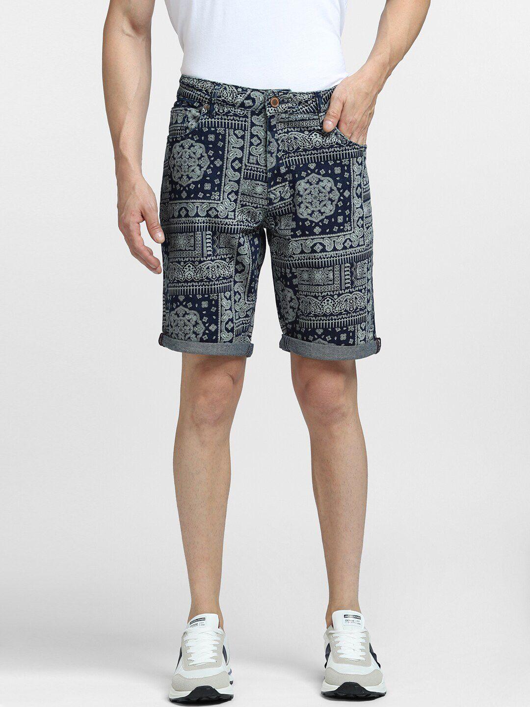 jack & jones men blue printed low-rise shorts