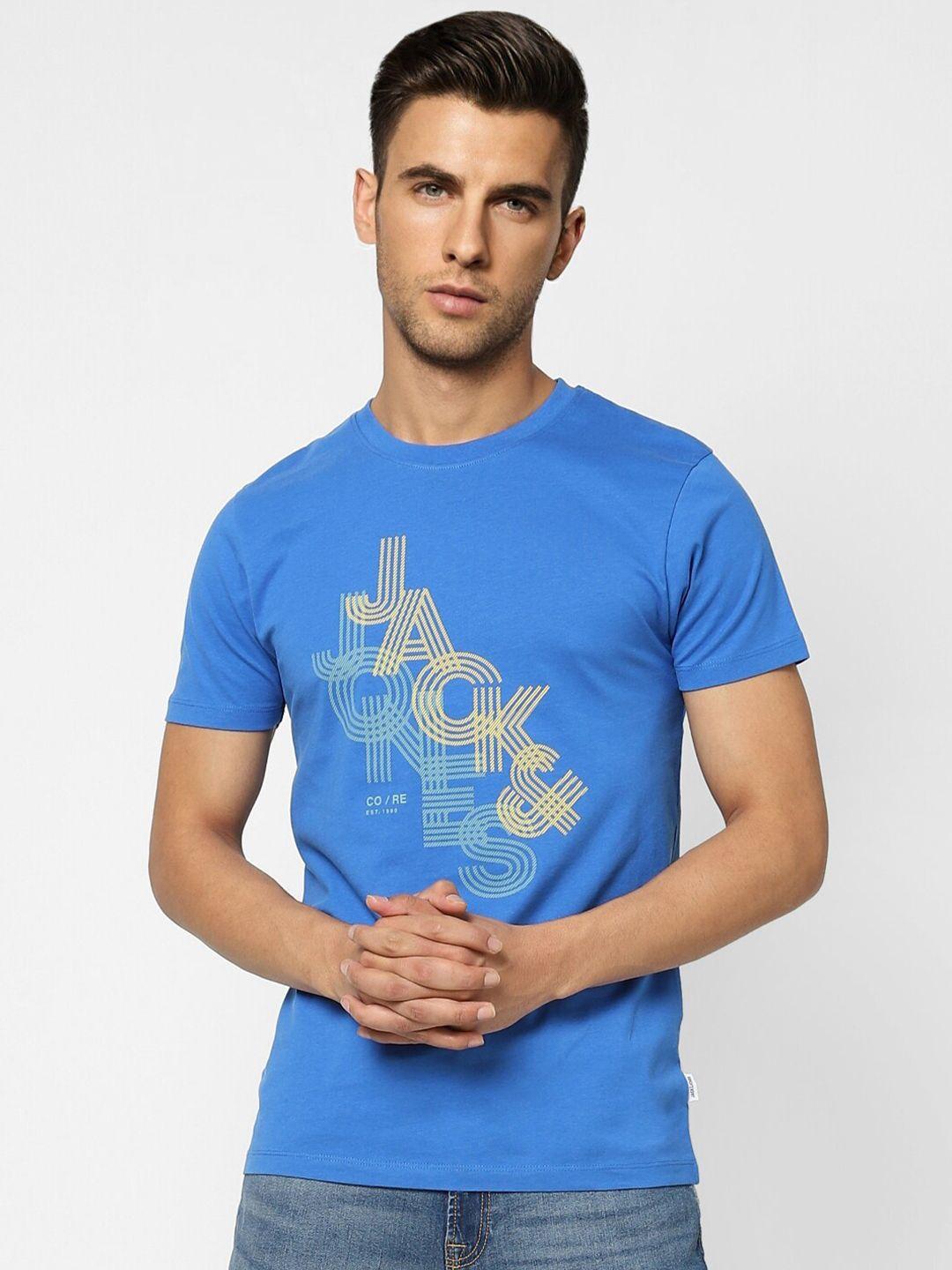 jack & jones men blue printed slim fit cotton t-shirt