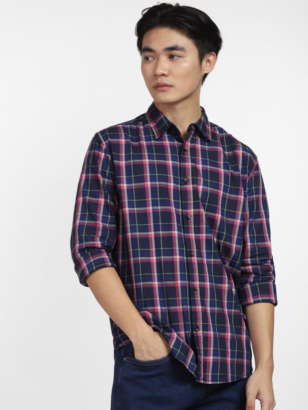 jack & jones men blue printed tartan checked casual shirt