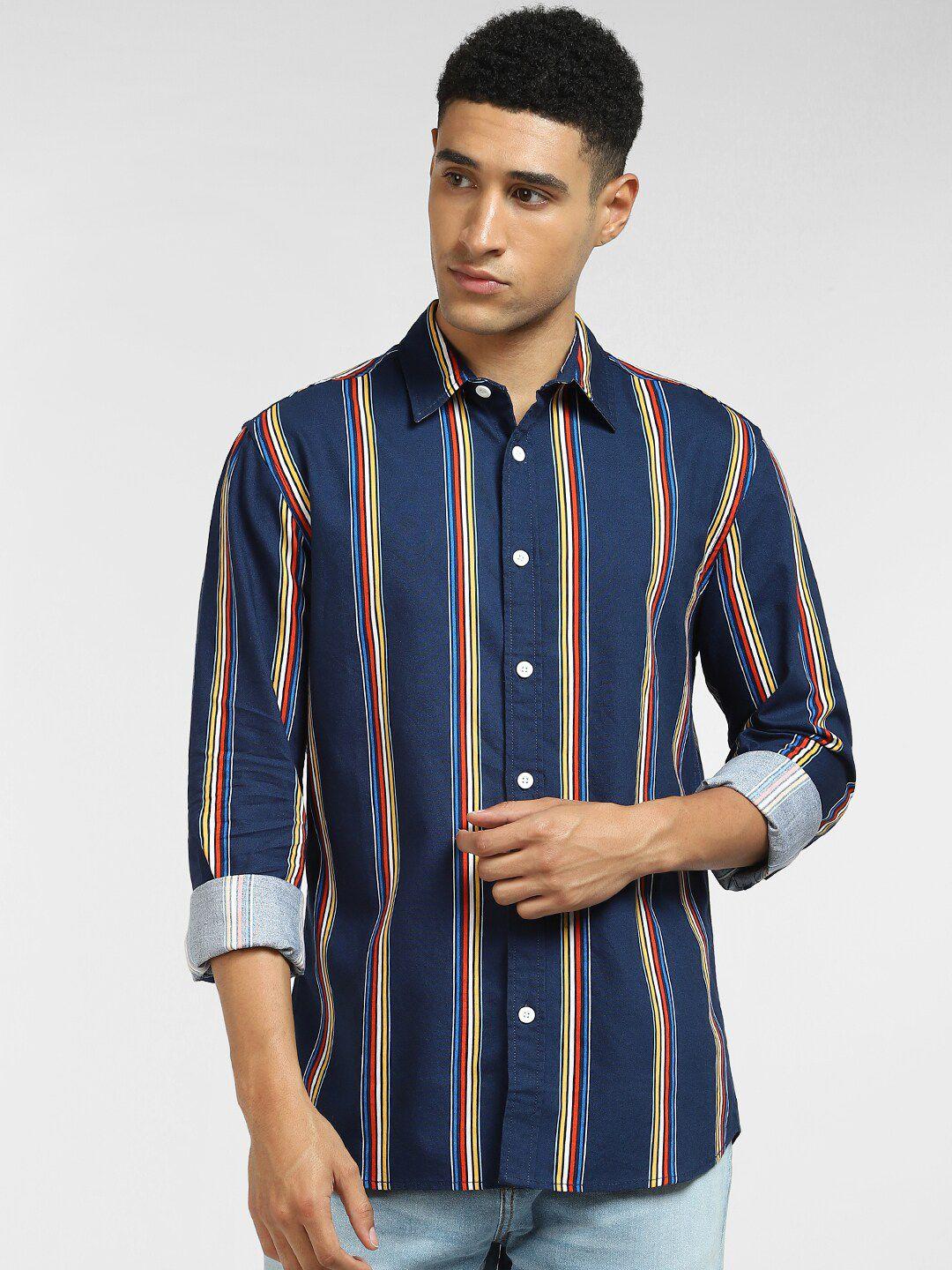 jack & jones men blue regular fit striped casual shirt