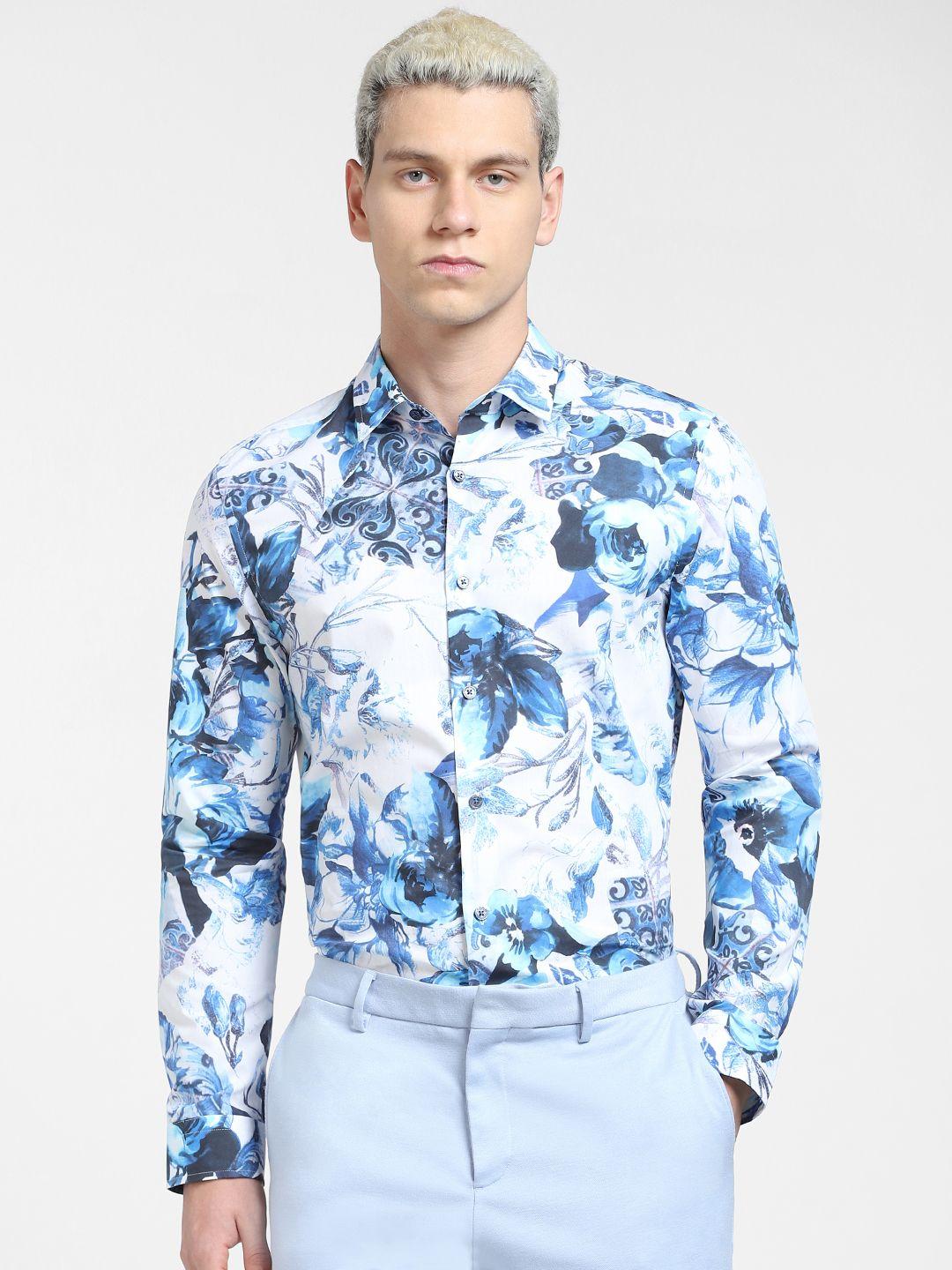 jack & jones men blue slim fit floral printed casual shirt