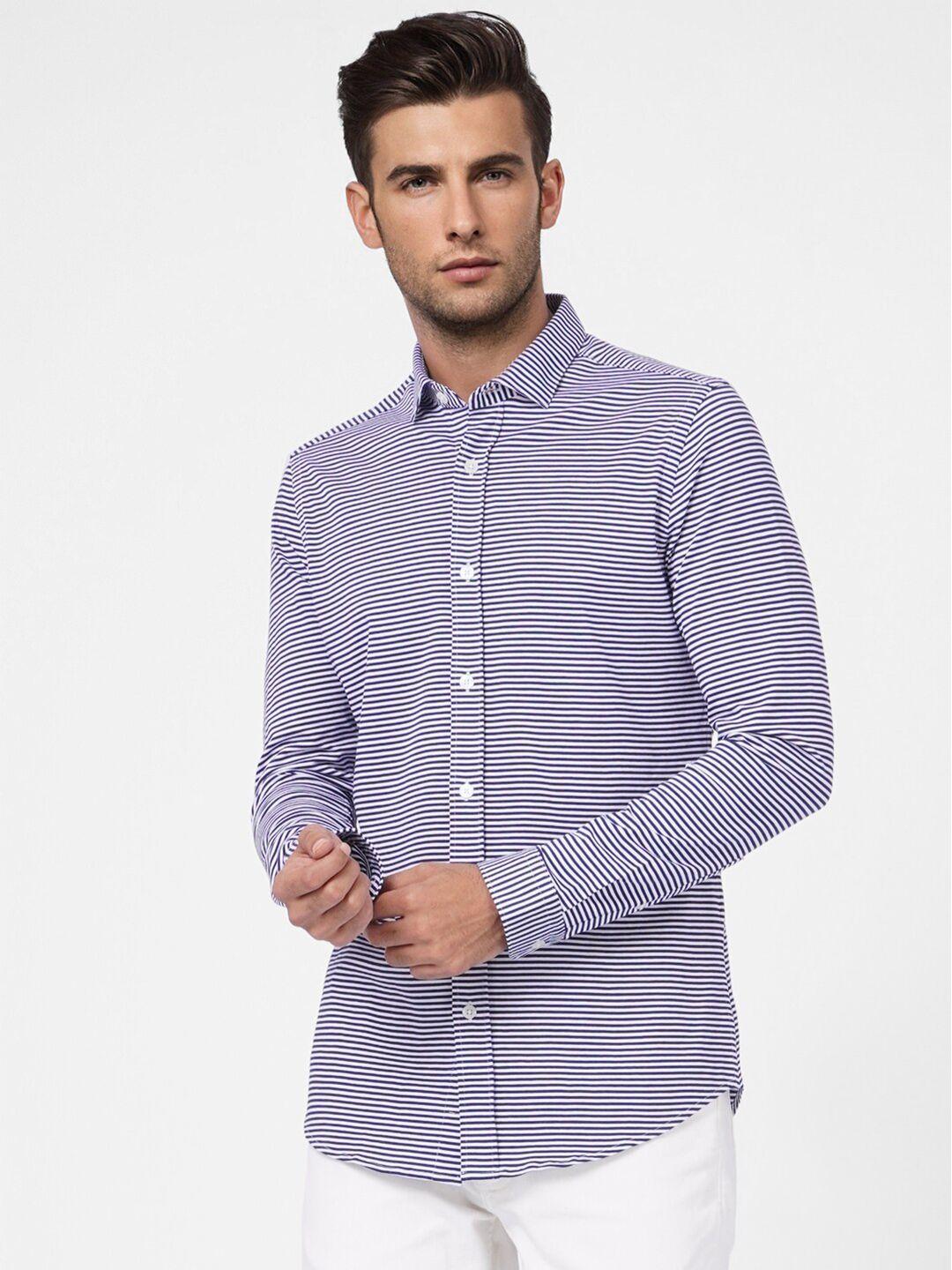 jack & jones men blue slim fit horizontal stripes striped casual shirt