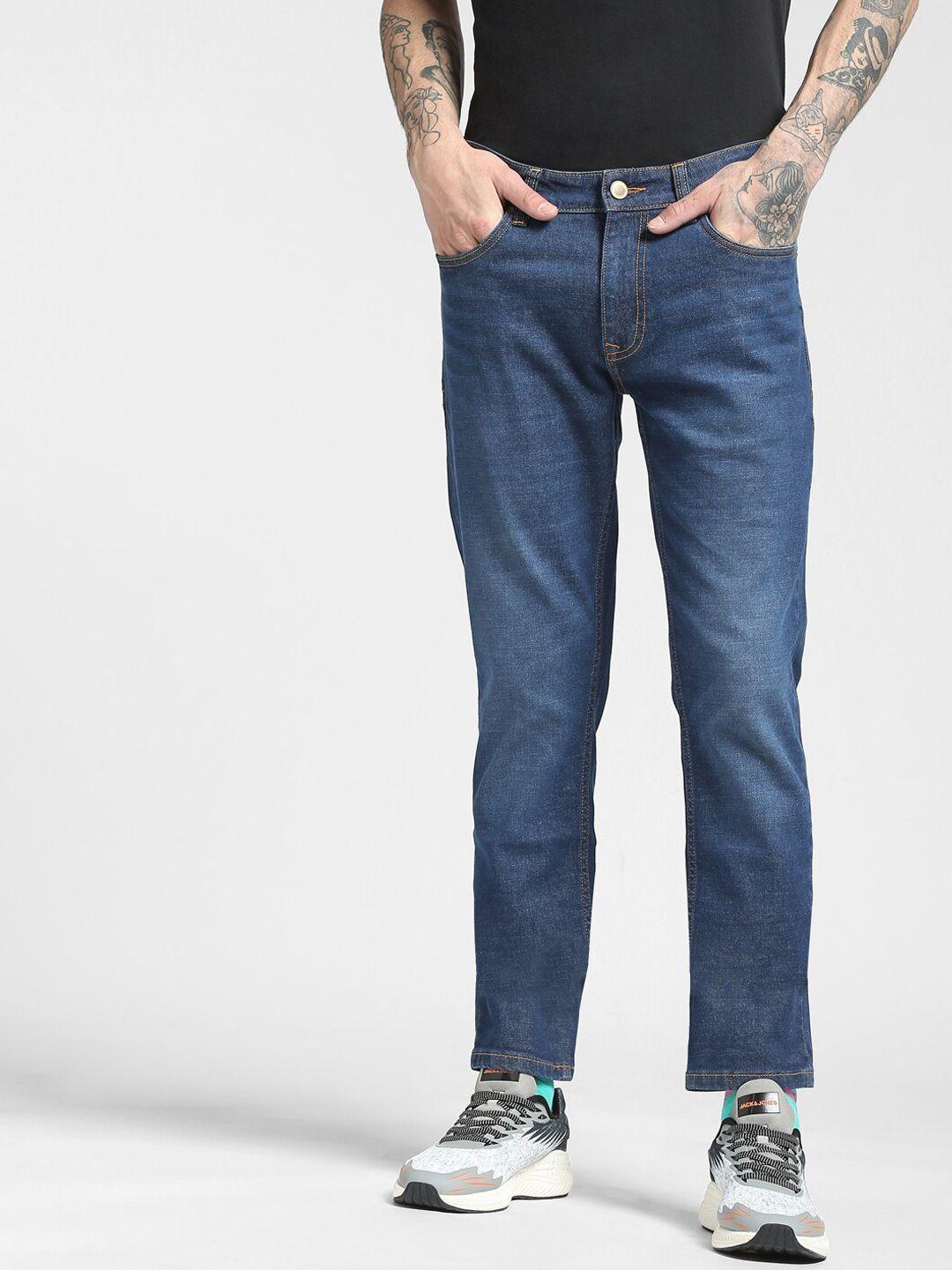 jack & jones men blue slim fit low cotton distress jeans