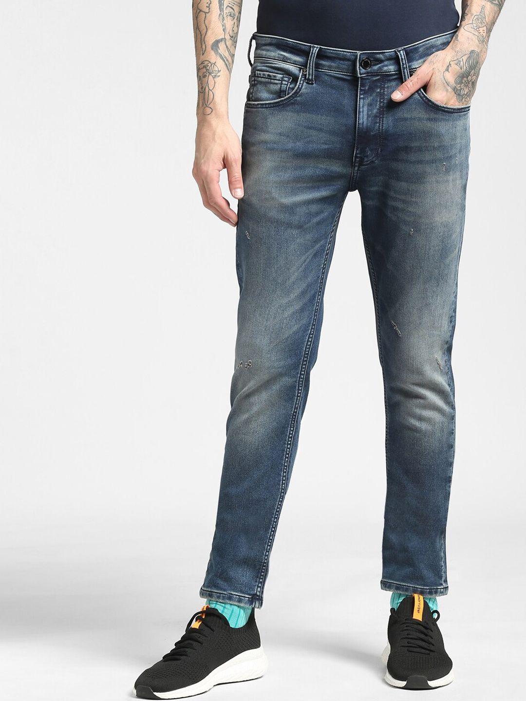 jack & jones men blue slim fit low distress heavy fade jeans