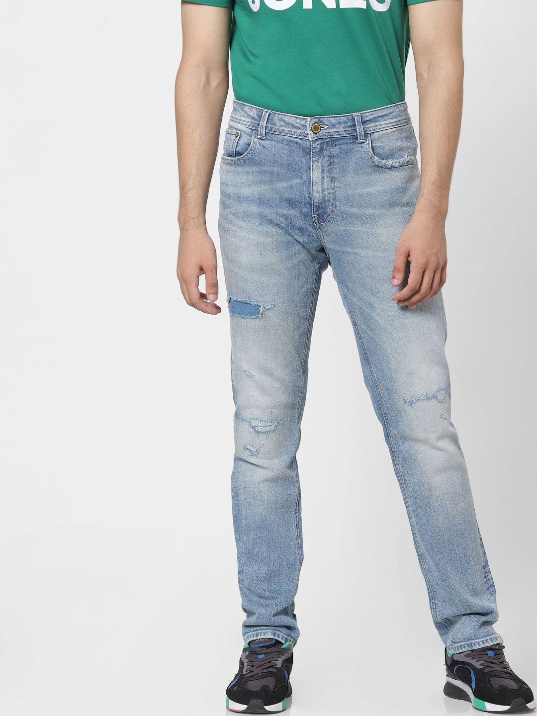 jack & jones men blue slim fit low-rise highly distressed heavy fade stretchable jeans