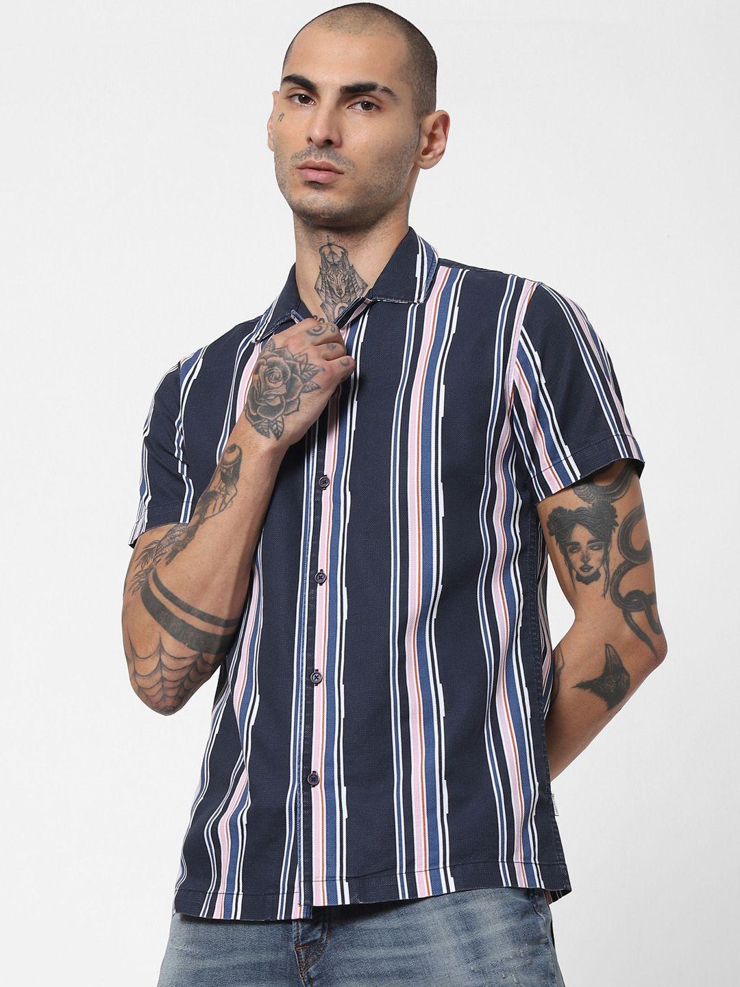 jack & jones men blue slim fit opaque striped casual shirt