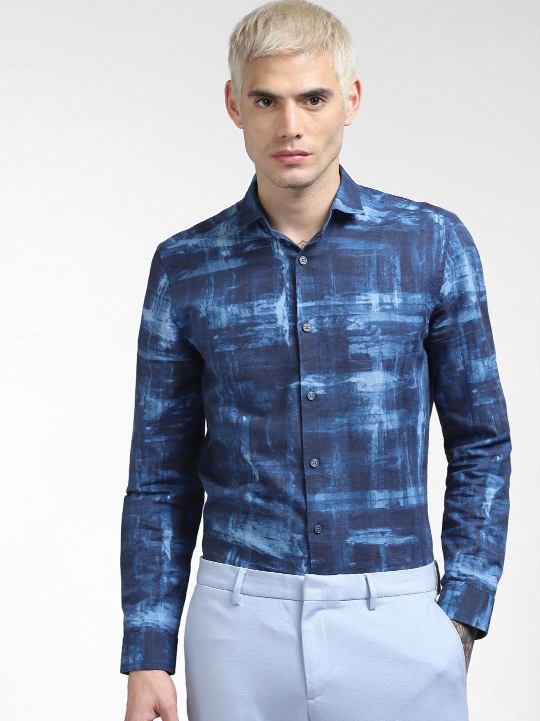 jack & jones men blue slim fit printed casual cotton shirt