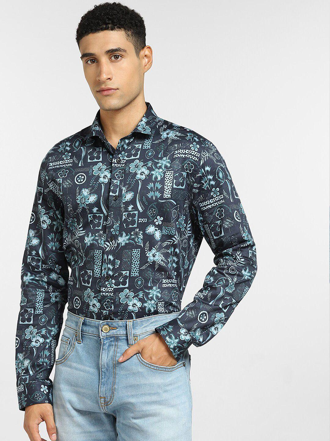 jack & jones men blue slim fit printed cotton asual shirt