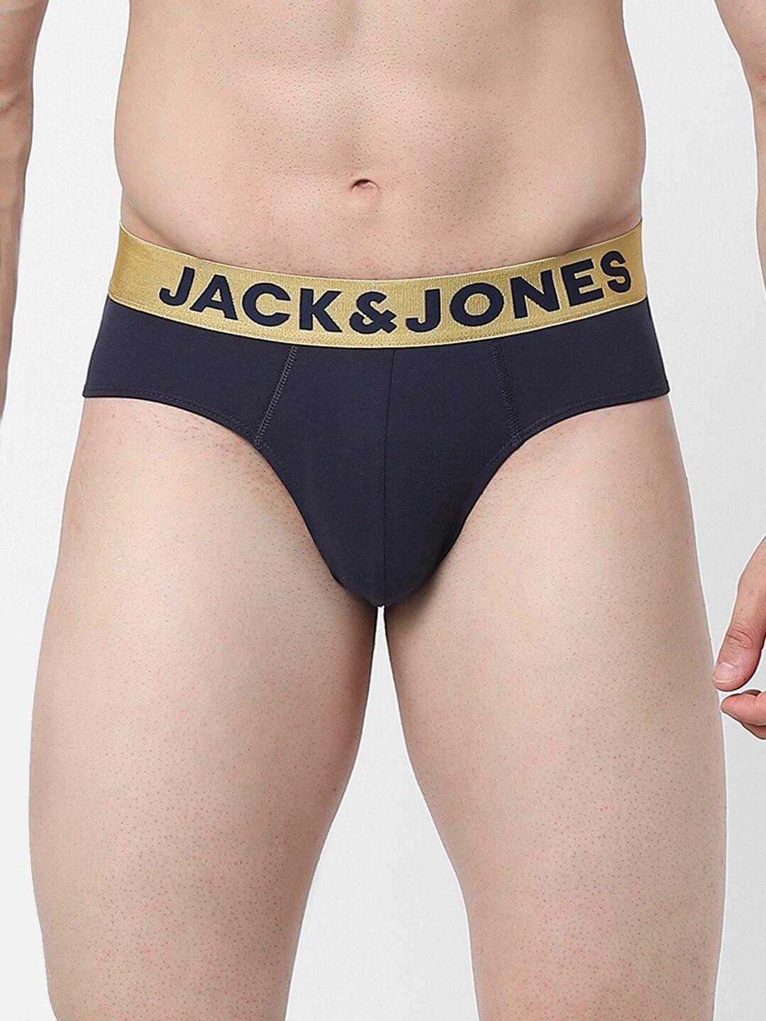 jack & jones men blue solid cotton basic briefs