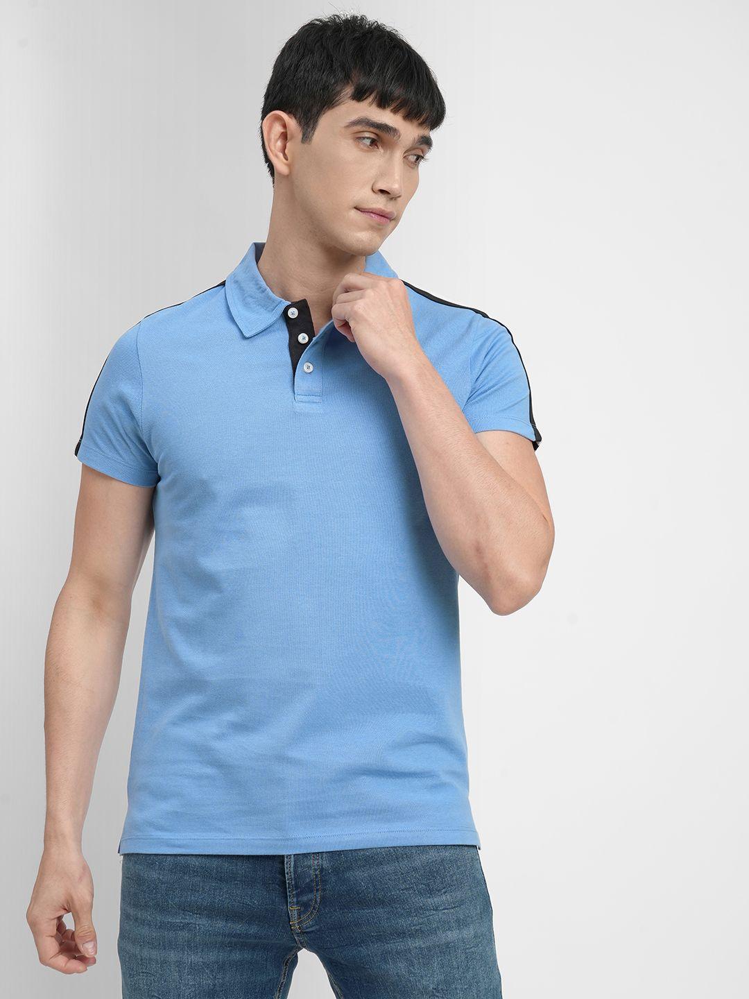 jack & jones men blue solid polo collar slim fit t-shirt