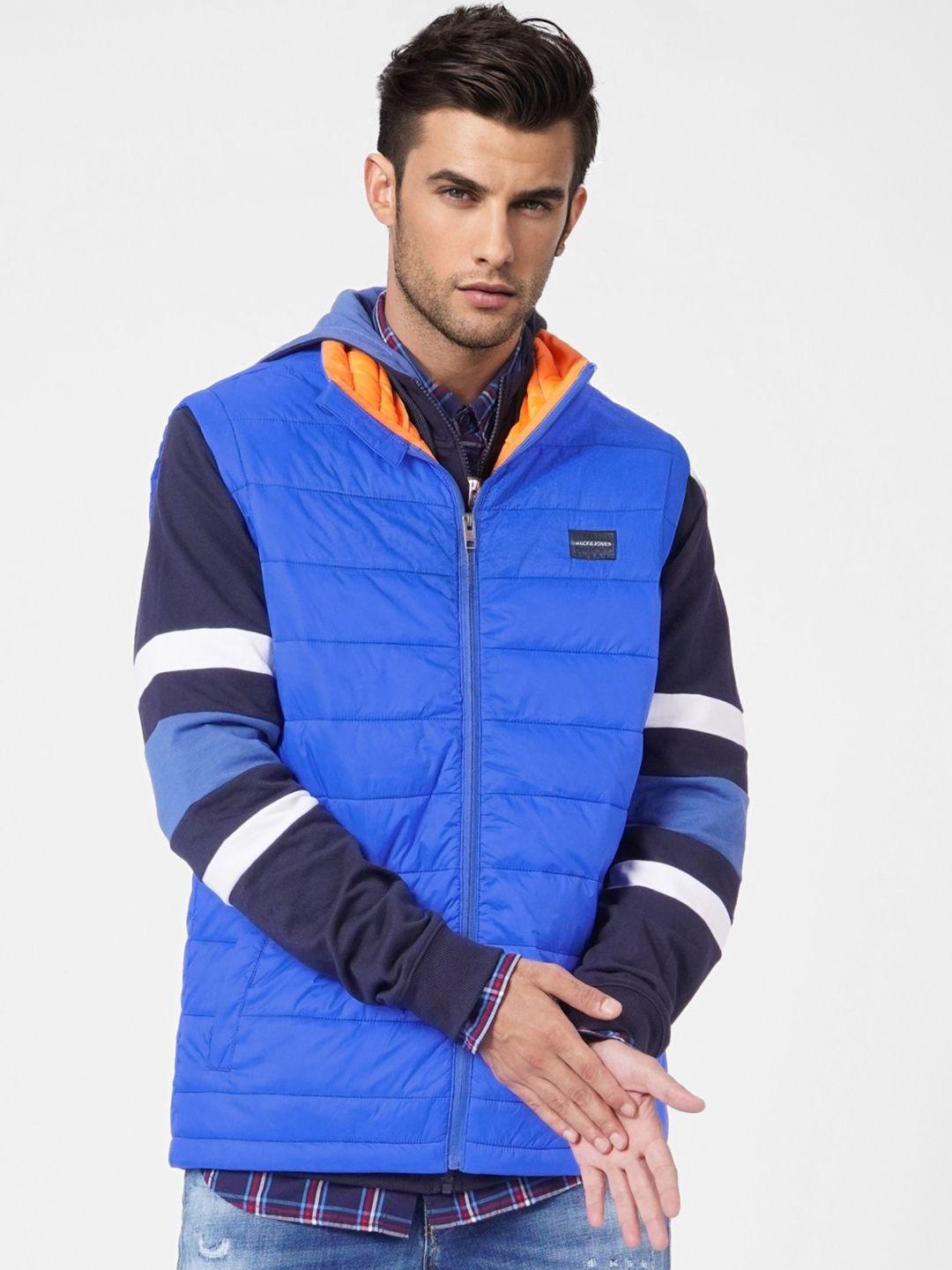 jack & jones men blue solid puffer jacket