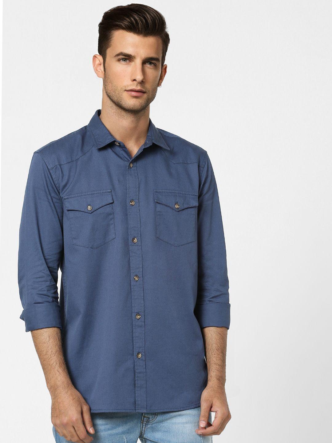 jack & jones men blue solid regular fit pure cotton casual shirt