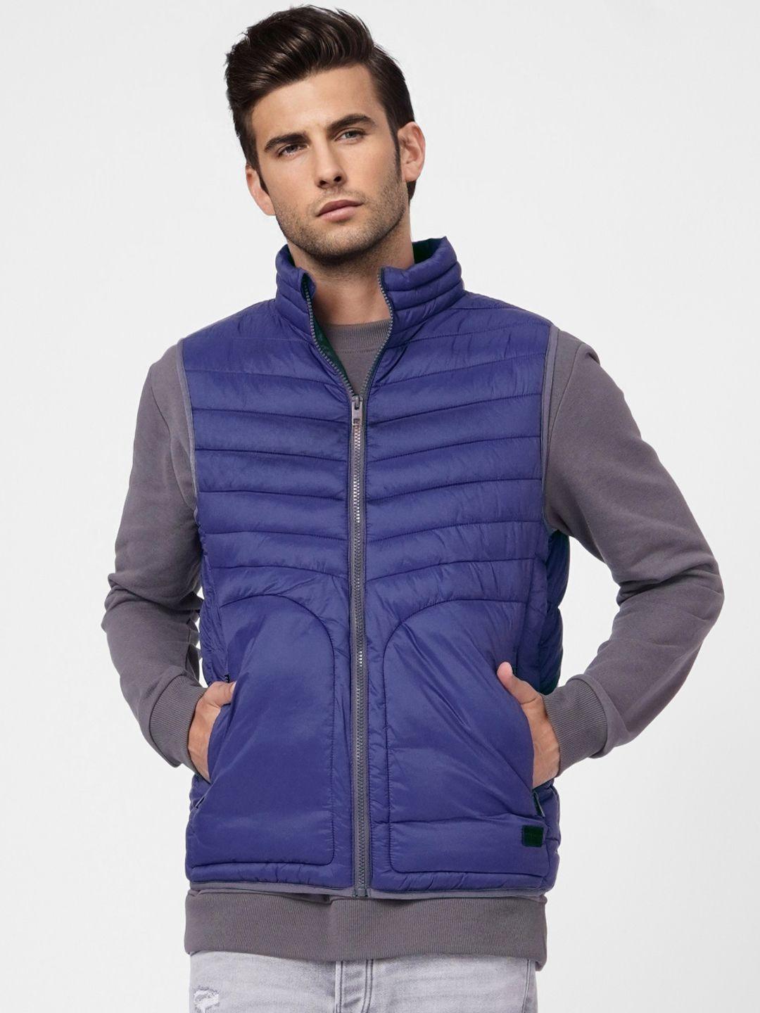 jack & jones men blue solid sleeveless puffer jacket