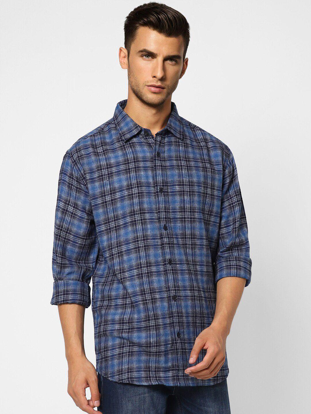 jack & jones men blue tartan checks cotton casual shirt