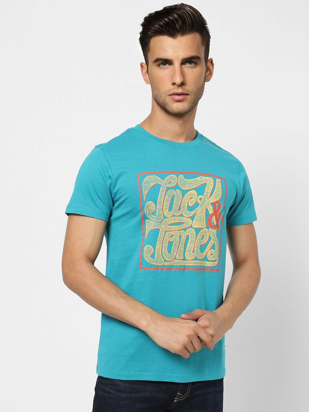 jack & jones men blue typography printed cotton slim fit t-shirt