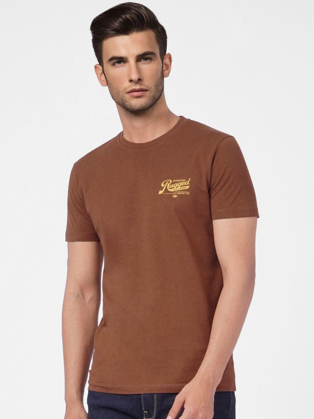 jack & jones men brown & beige printed pure cotton slim fit t-shirt