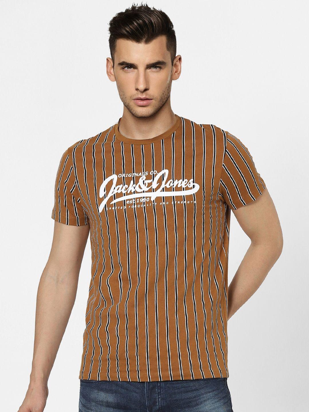 jack & jones men brown & black striped slim fit round neck  t-shirt