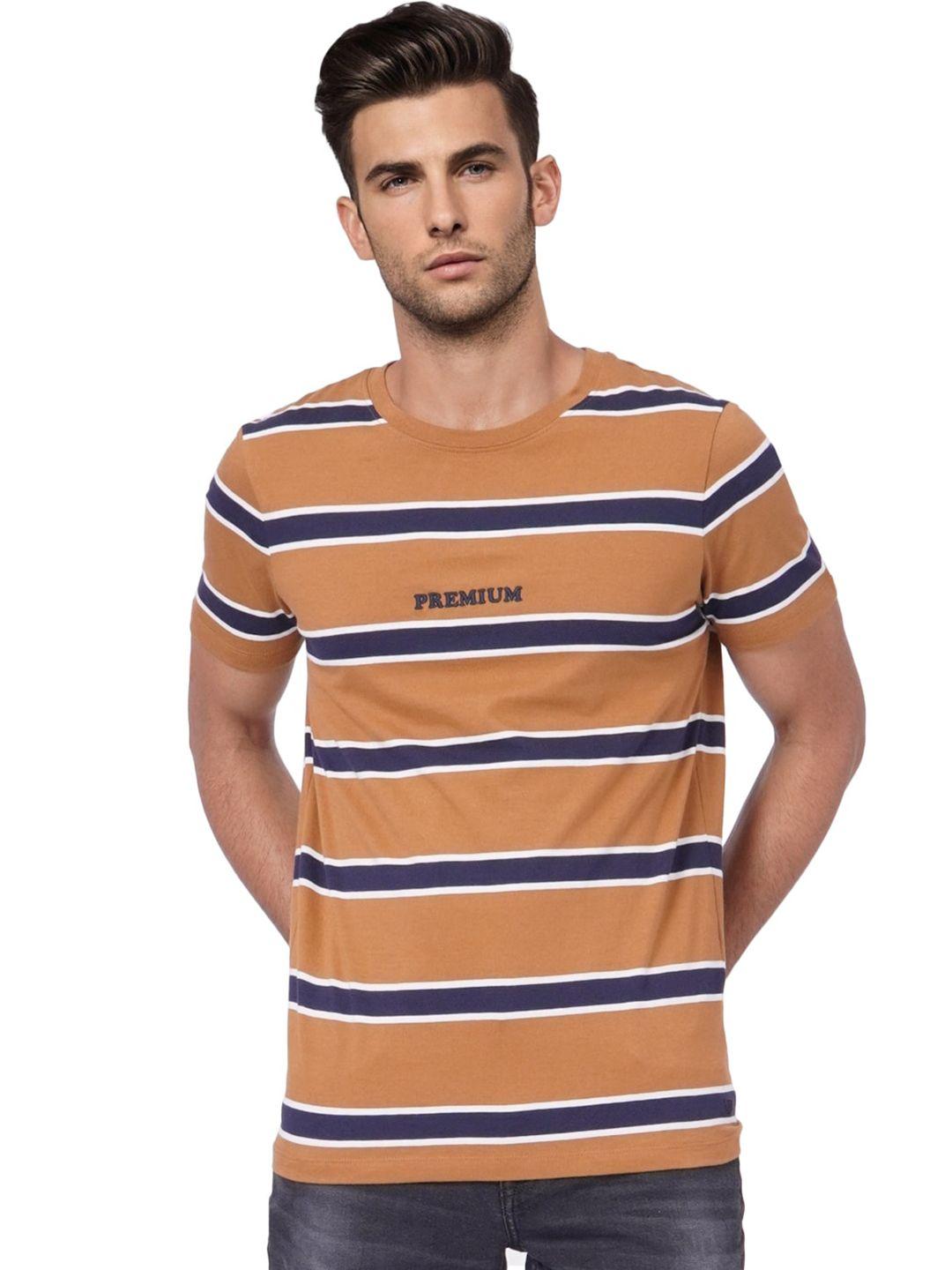jack & jones men brown & navy blue striped slim fit t-shirt