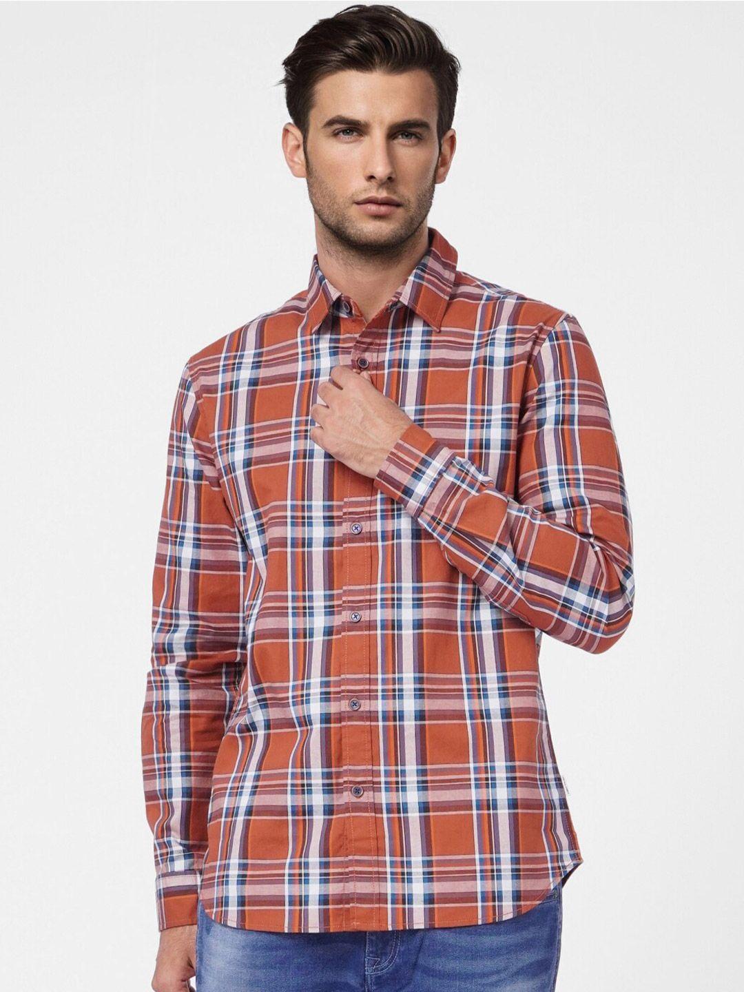 jack & jones men brown slim fit tartan checks checked casual shirt