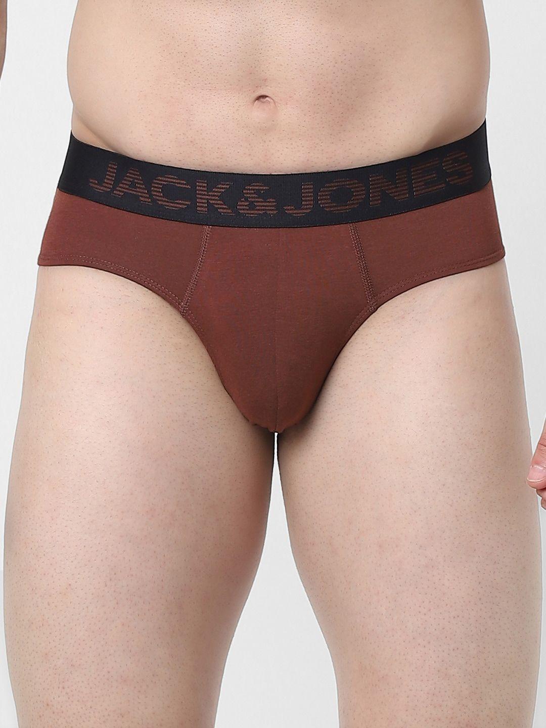 jack & jones men brown solid cotton basic briefs