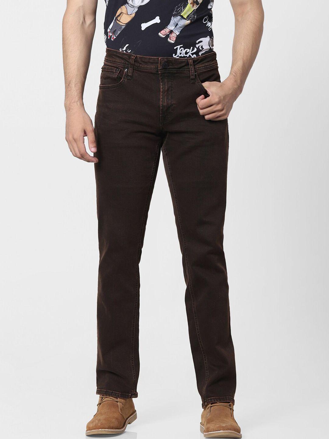 jack & jones men brown straight fit low-rise stretchable jeans