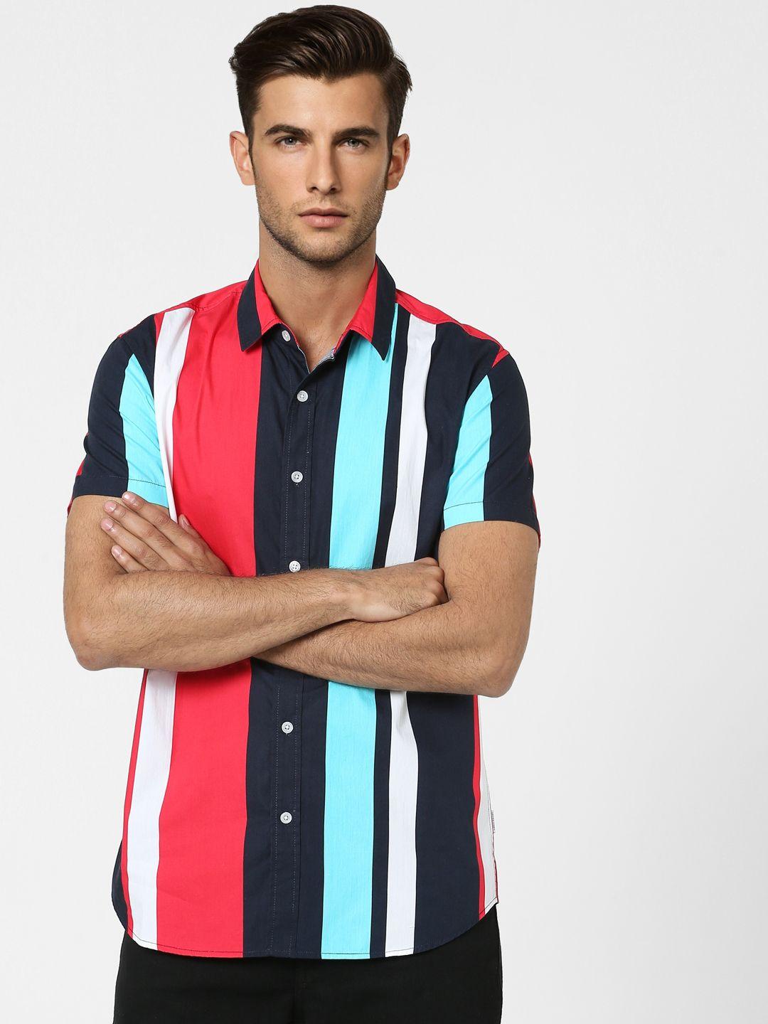 jack & jones men coral red & multicolour multi stripes slim fit pure cotton casual shirt