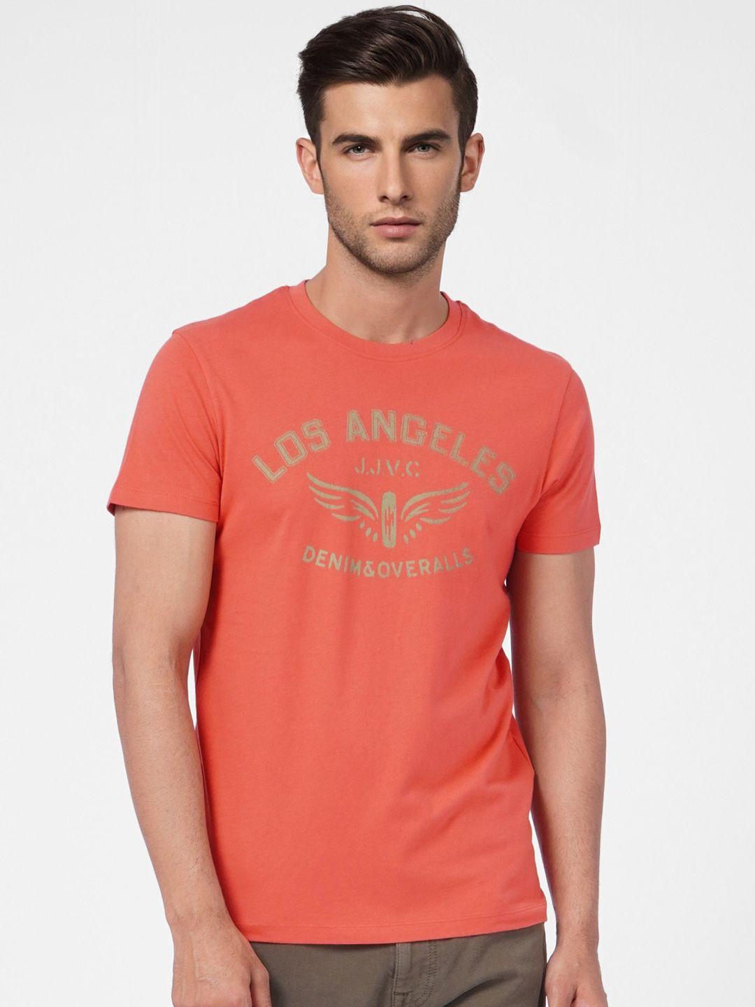 jack & jones men coral red graphic printed pure cotton slim fit casual t-shirt