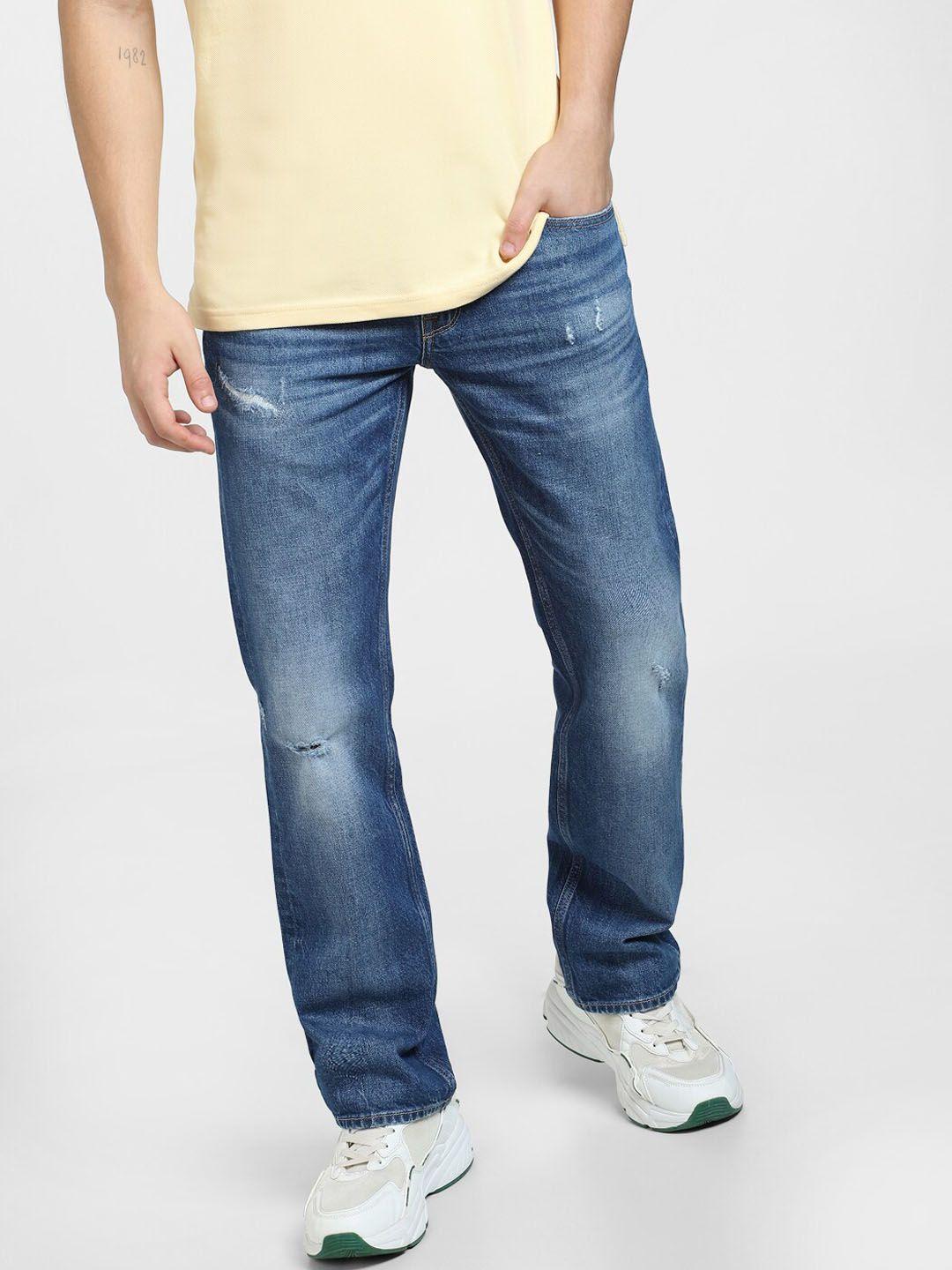 jack & jones men cotton low-rise mildly distressed heavy fade jeans