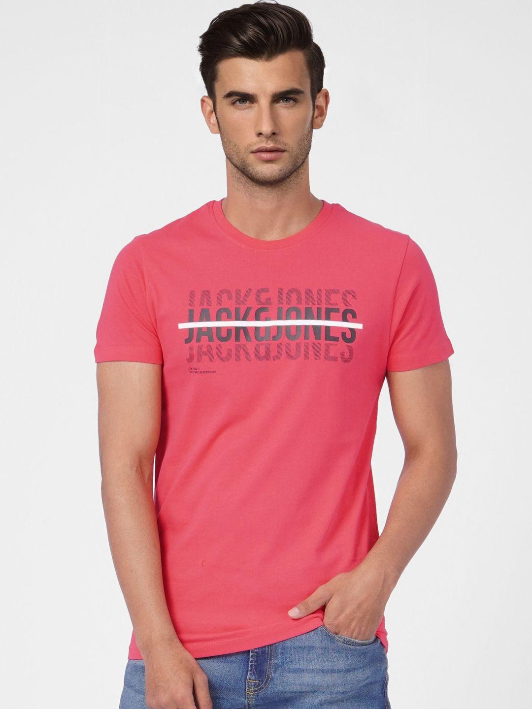 jack & jones men dark pink graphic printed pure cotton slim fit t-shirt