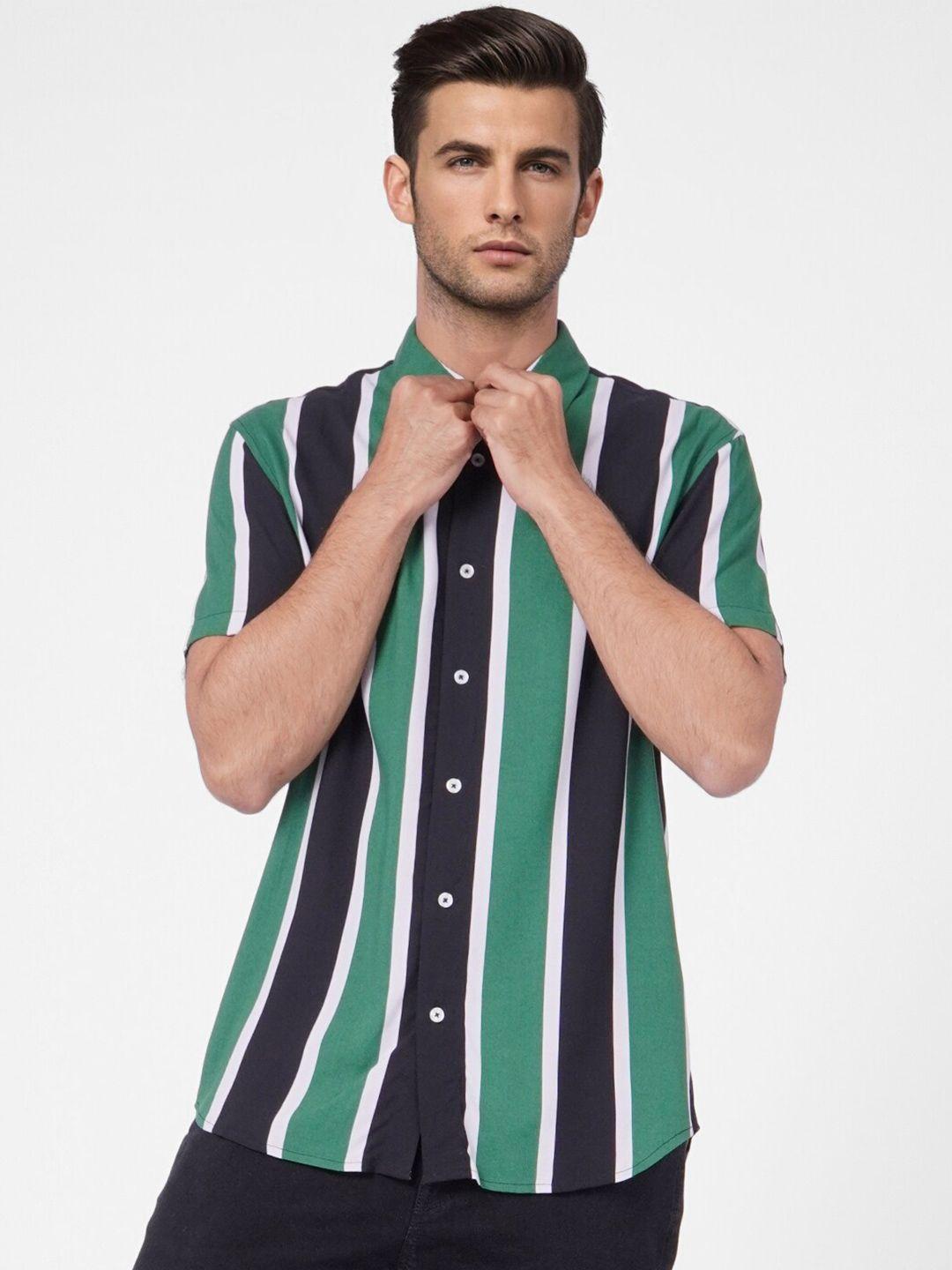 jack & jones men green & black striped cotton casual shirt
