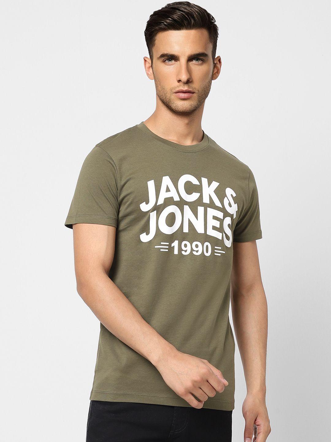 jack & jones men green & white brand logo printed pure cotton slim fit t-shirt