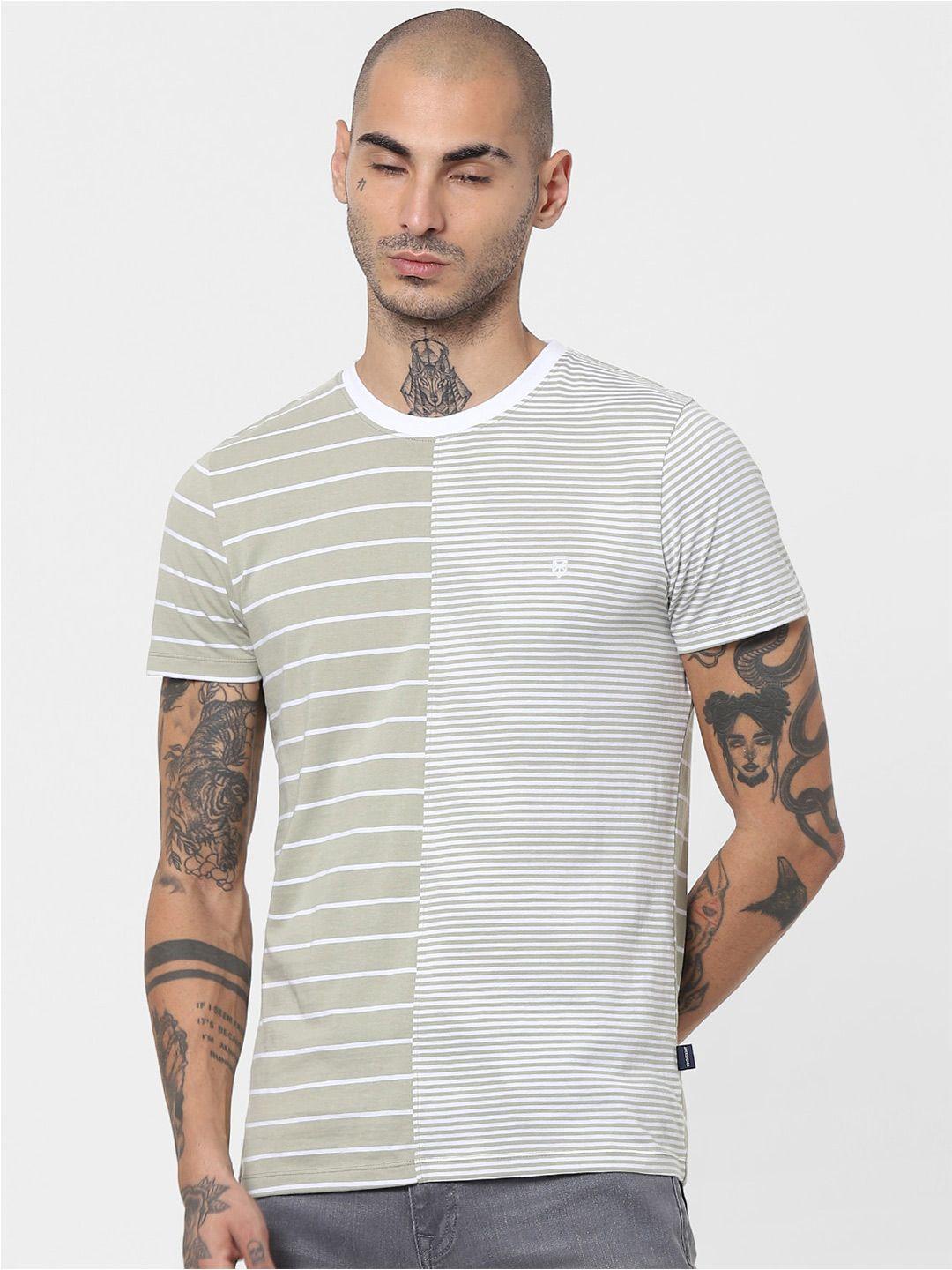 jack & jones men green & white horizontal striped casual t-shirt