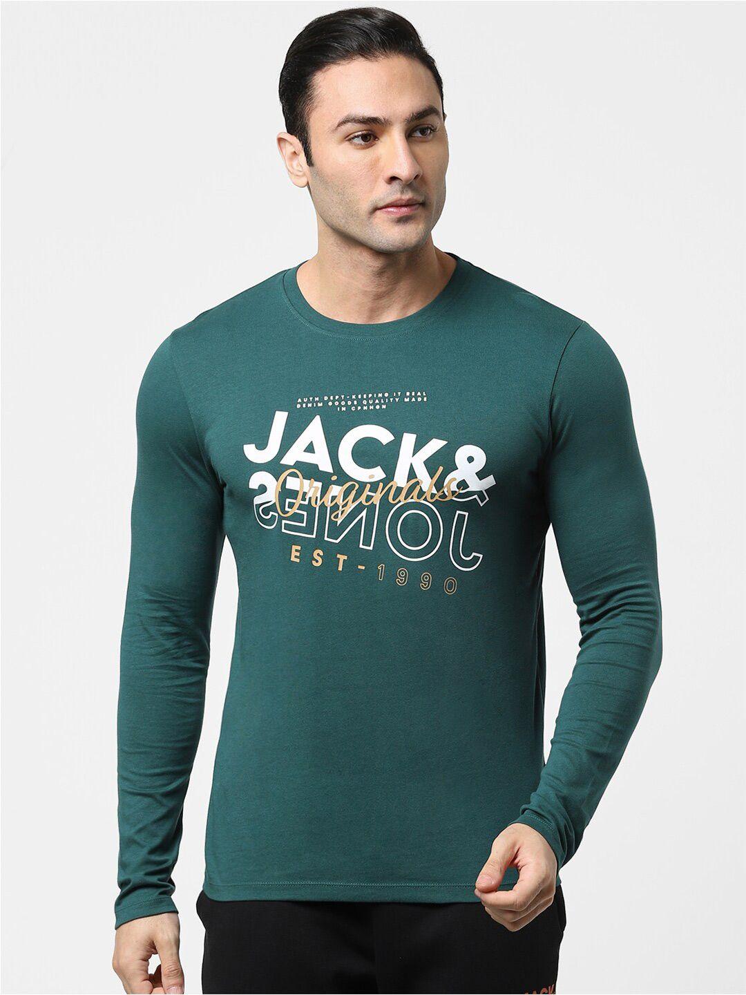 jack & jones men green & white typography printed t-shirt