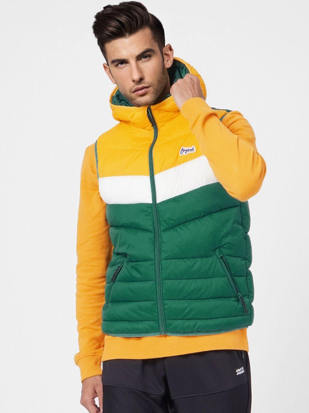 jack & jones men green & yellow colourblocked puffer jacket