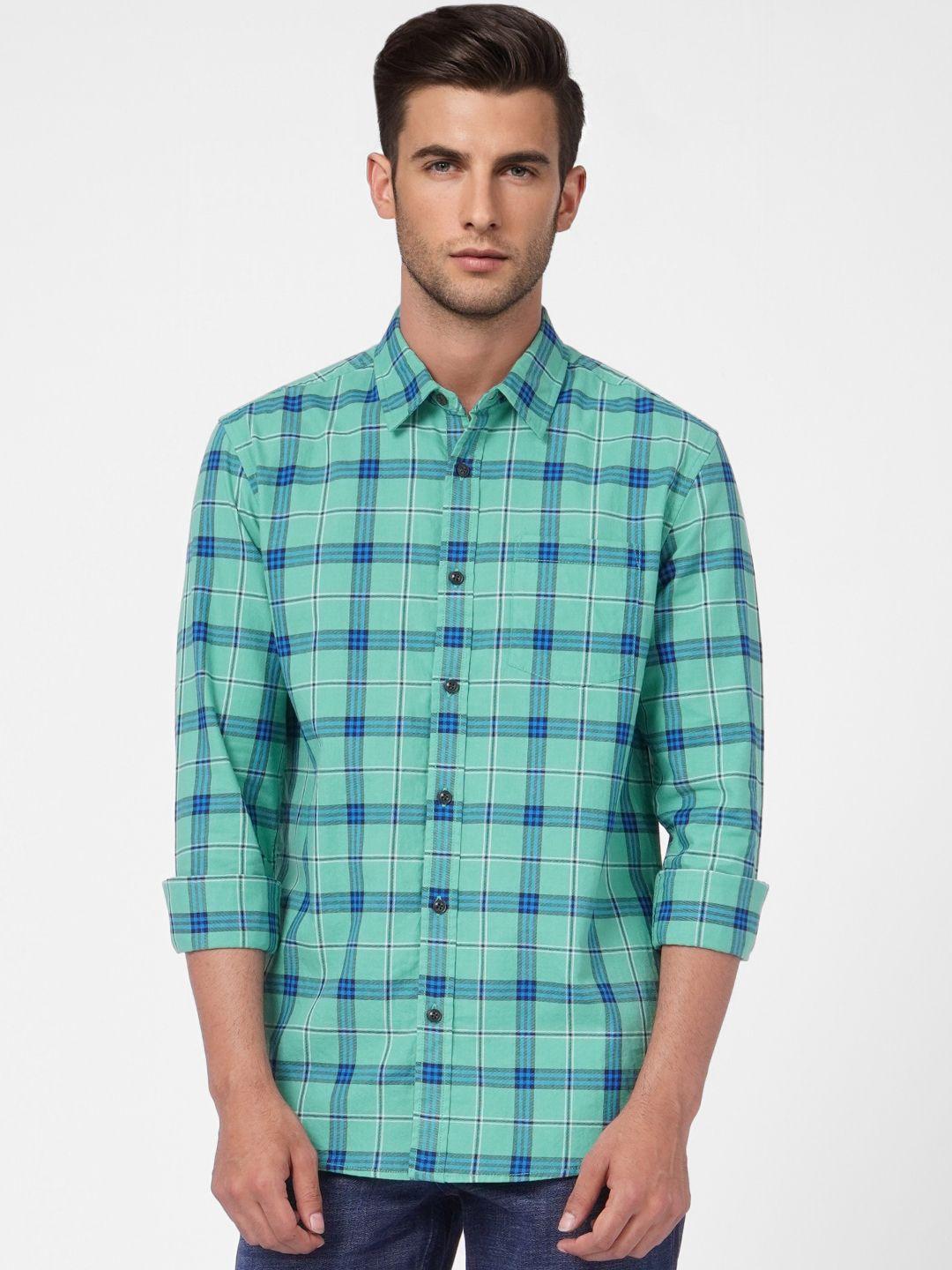 jack & jones men green and blue checked pure cotton casual shirt