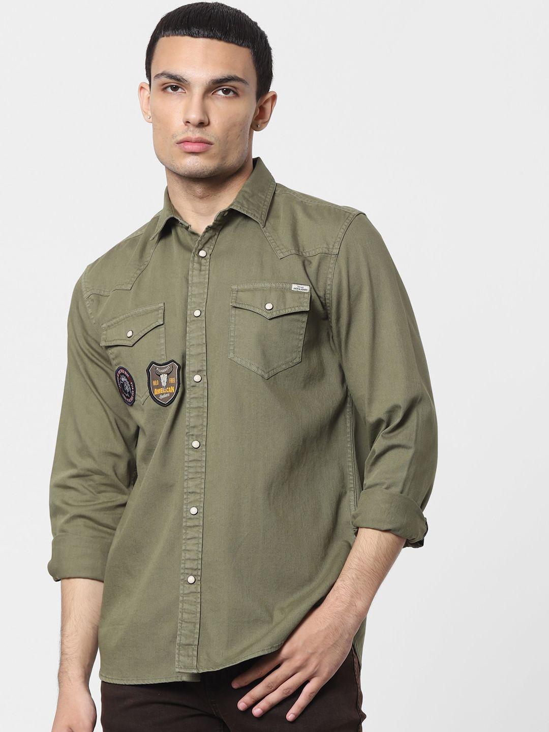 jack & jones men green opaque casual shirt