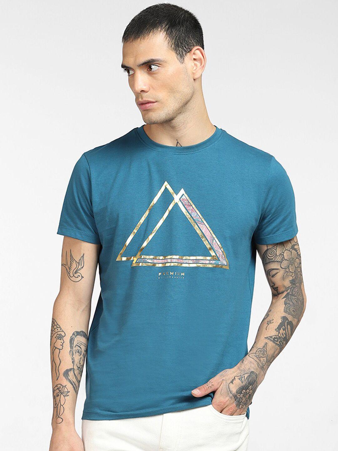 jack & jones men green printed applique slim fit t-shirt