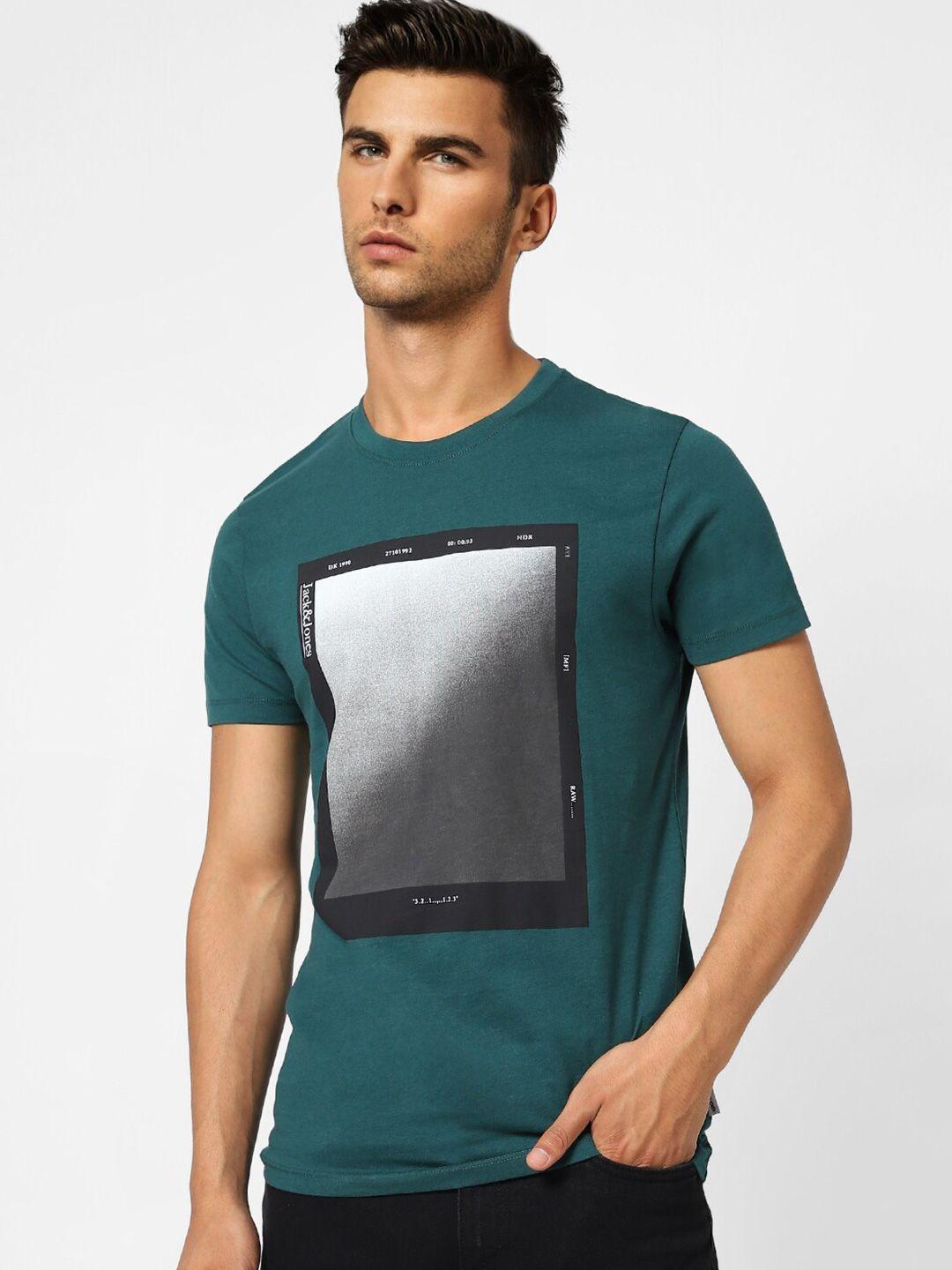 jack & jones men green printed cotton t-shirt