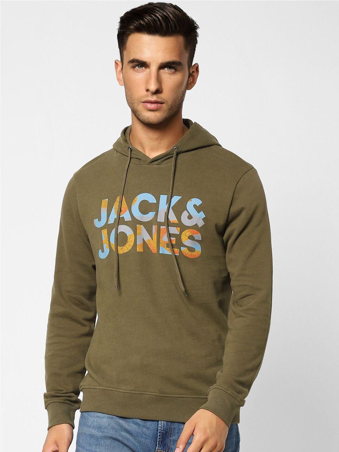 jack & jones men green printed hooded cotton sweatshirt