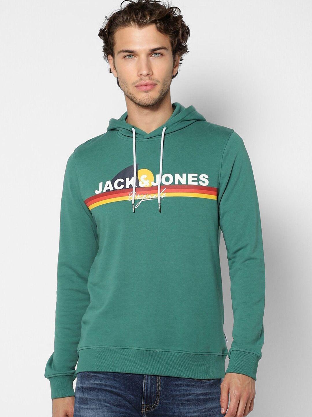 jack & jones men green printed hooded sweatshirt