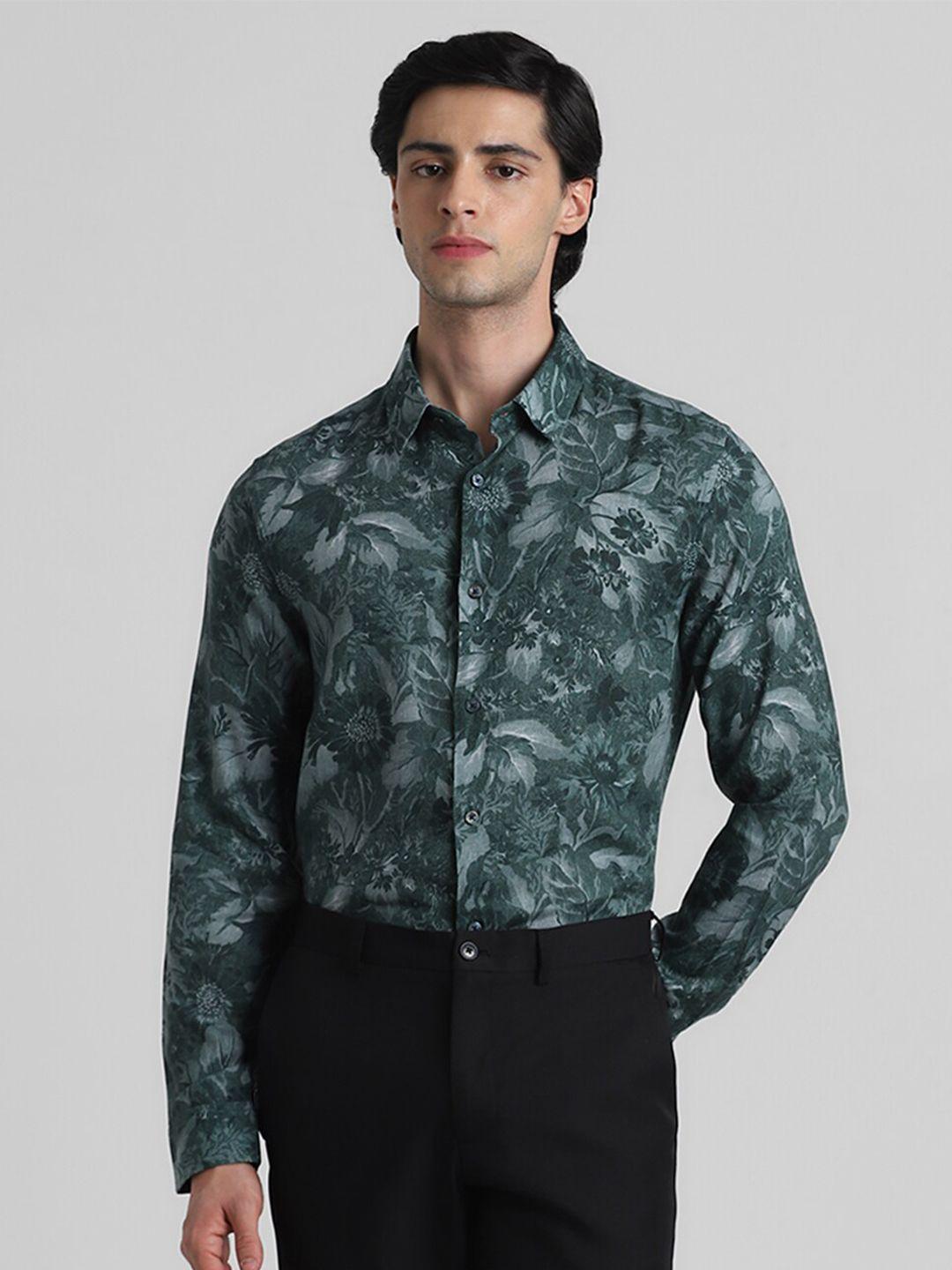 jack & jones men green slim fit floral opaque printed casual shirt