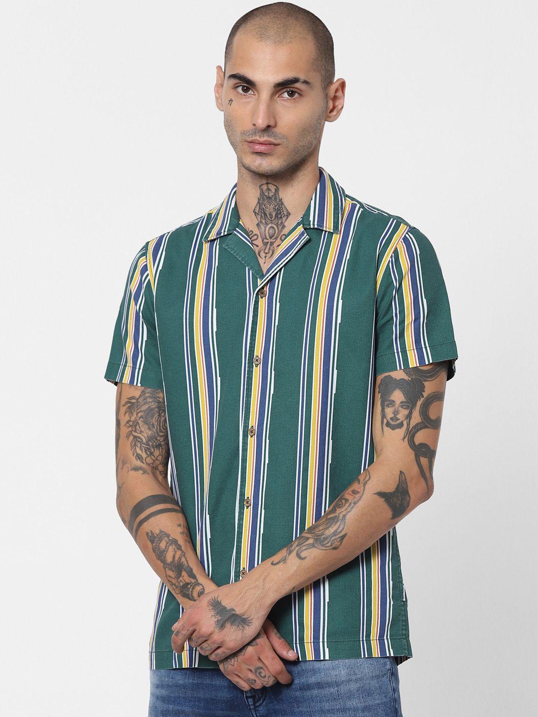 jack & jones men green slim fit multi stripes opaque striped casual shirt