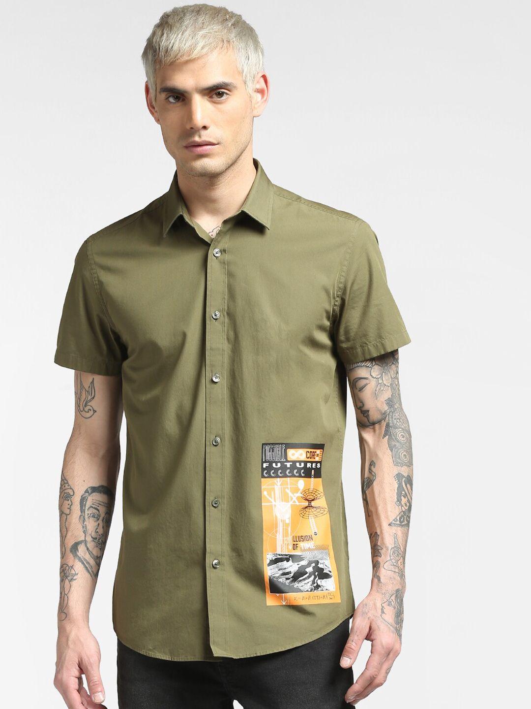 jack & jones men green slim fit printed short sleeve cotton casual shirt