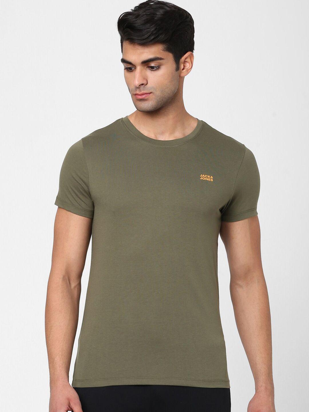 jack & jones men green solid cotton t-shirt