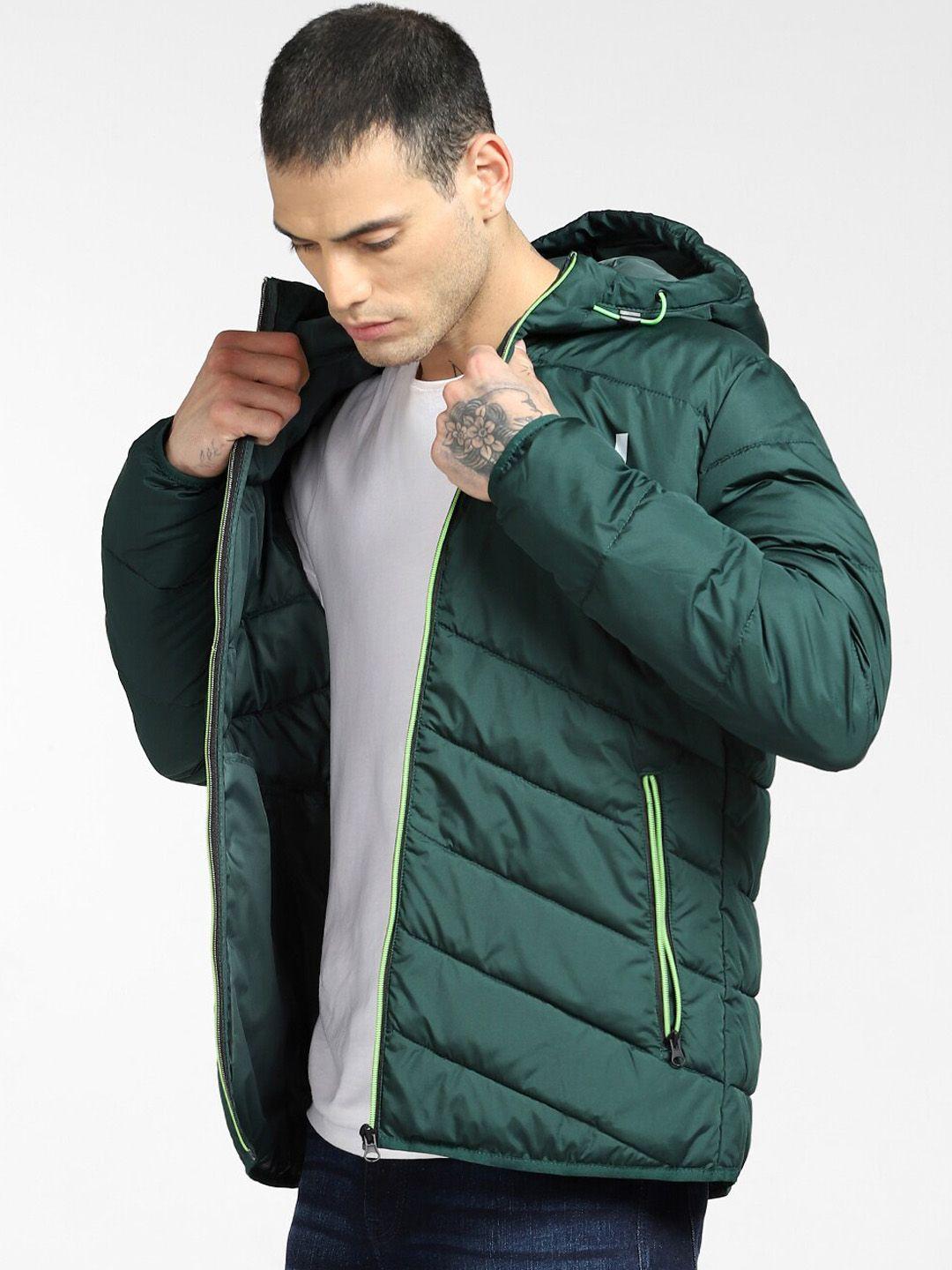 jack & jones men green solid crop puffer jacket