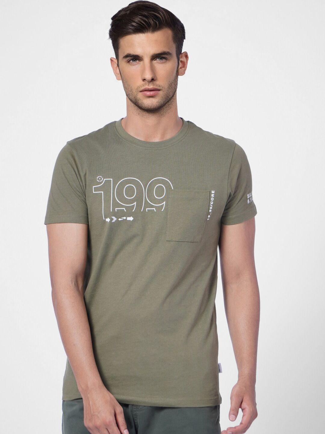 jack & jones men green typography printed cotton slim fit t-shirt