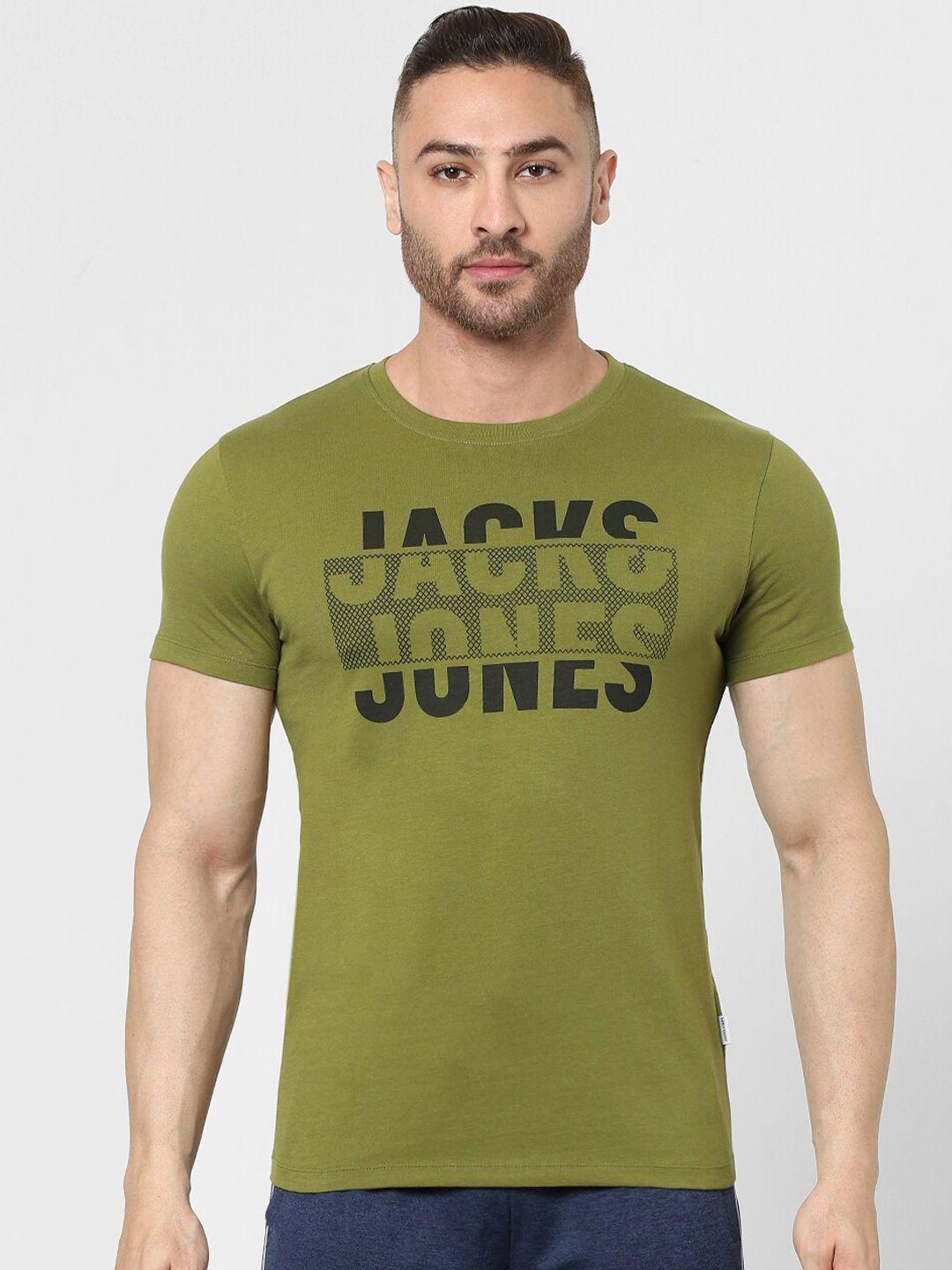 jack & jones men green typography printed cotton t-shirt