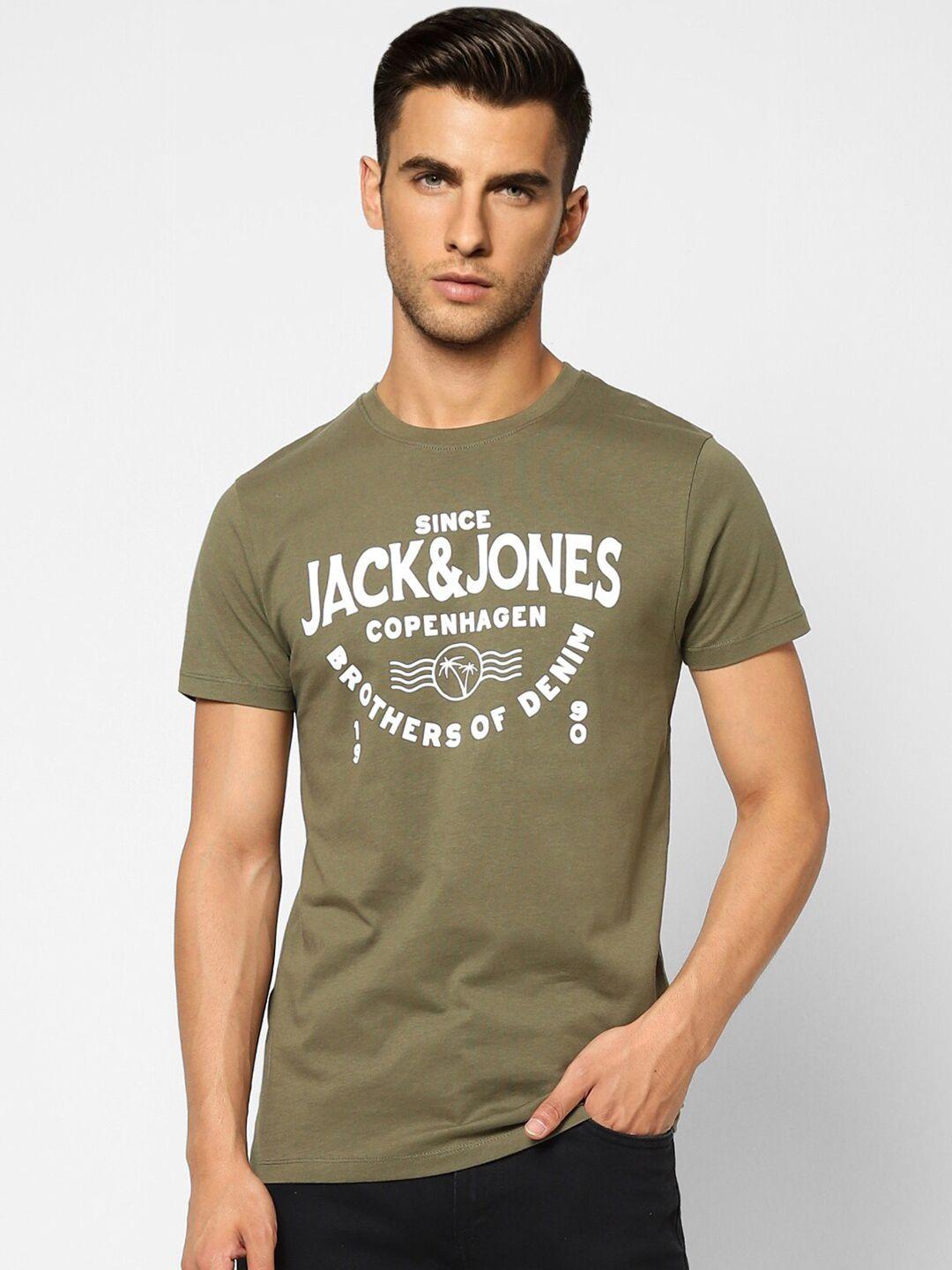 jack & jones men green typography printed slim fit cotton t-shirt