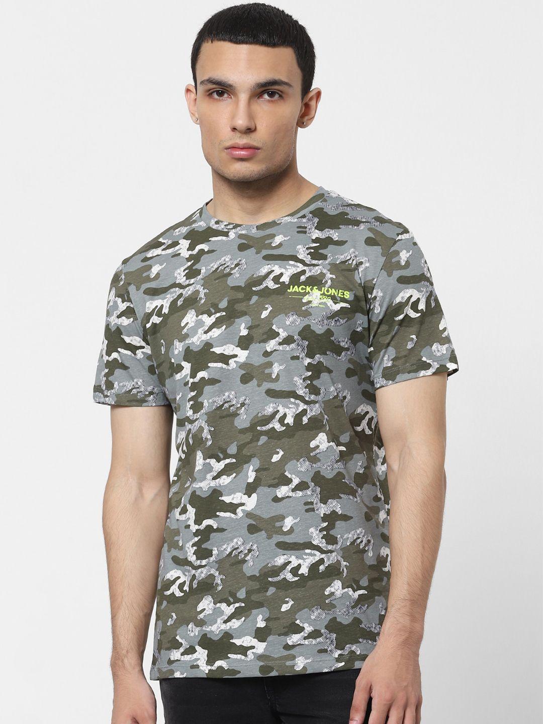 jack & jones men grey & burnt olive camouflage printed casual t-shirt