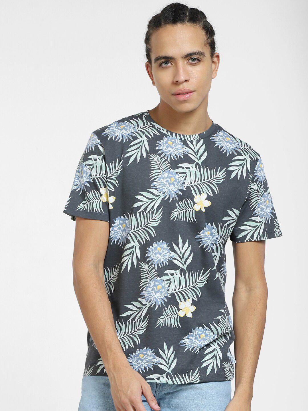 jack & jones men grey floral printed polo collar tropical applique slim fit t-shirt
